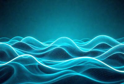 The primary subject of the image is a blue wave pattern, which is the main focus of the image. The setting is a dark blue background, creating a contrasting effect with the wave pattern. The visual style is a digital art or illustration, as the wave pattern appears to be a digital creation. The colors and mood of the image are predominantly blue, creating a calm and serene atmosphere.