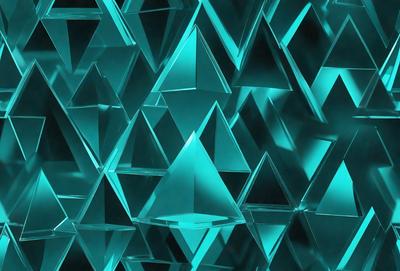 The primary subject of the image is a large number of blue triangles arranged in a pattern. The setting is a blue background, which creates a visually striking contrast with the triangles. The visual style is a combination of digital art and illustration, as the triangles are created using a digital medium. The dominant colors are blue and green, giving the image a calm and soothing atmosphere.