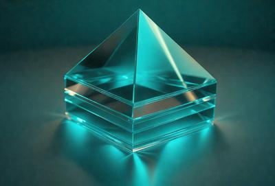 The primary subject of the image is a blue, clear, and shiny triangle. The setting is a dark background, which contrasts with the bright blue triangle. The visual style is a close-up of the triangle, showcasing its unique shape and color. The colors and mood of the image are predominantly blue, creating a calm and serene atmosphere.