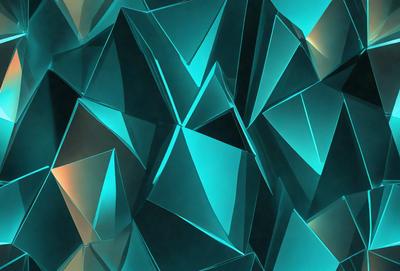 The primary subject of the image is a blue and green geometric pattern. The setting is a dark background, which contrasts with the bright colors of the pattern. The visual style is a combination of digital art and illustration, creating a unique and eye-catching design. The dominant colors are blue and green, giving the image a calm and soothing atmosphere.