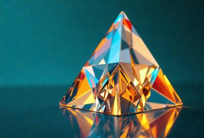 The primary subject of the image is a three-dimensional, crystal-like structure, possibly a sculpture or a piece of art. The setting is a blue background, which contrasts with the vibrant colors of the structure. The visual style appears to be a combination of photo and digital art, as the structure is captured in a close-up shot, while the blue background suggests a digital or computer-generated environment. The colors and mood of the image are lively and dynamic, with the blue background providing a sense of depth