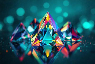 The primary subject of the image is a large, colorful, three-dimensional crystal structure. The setting is a dark background, which contrasts with the vibrant colors of the crystal. The visual style is a combination of photo and digital art, creating a unique and eye-catching image. The dominant colors are blue, green, and yellow, giving the scene a lively and energetic atmosphere.