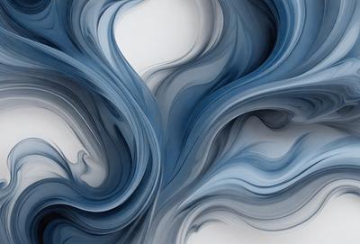 The primary subject of the image is a large, abstract painting featuring a blue and white color scheme. The painting is displayed on a white wall, creating a striking contrast between the artwork and the background. The visual style of the painting appears to be a combination of digital art and illustration, giving it a unique and modern appearance. The dominant colors in the painting are blue and white, which contribute to a calm and serene atmosphere.