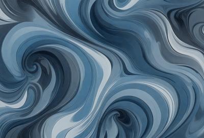The primary subject of the image is a blue and white painting of a wave. The setting is a blue background, and the visual style appears to be a digital art or illustration. The dominant colors are blue and white, creating a calm and serene atmosphere.