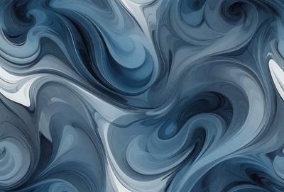 The primary subject of the image is a blue and white painting featuring a swirling pattern. The setting is a blue background, and the visual style appears to be a digital art or illustration. The dominant colors are blue and white, creating a calm and serene atmosphere.