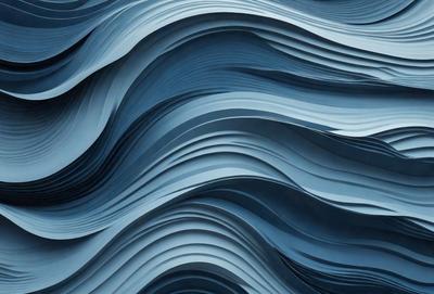 The primary subject of the image is a blue and white ocean wave. The setting is the ocean, with the wave being the main focus of the scene. The visual style is a digital art or illustration, as the wave is depicted in a detailed and artistic manner. The dominant colors are blue and white, creating a serene and calming atmosphere.