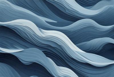 The primary subject of the image is a blue ocean with waves. The setting is a blue ocean with white waves, and the visual style is a digital art or illustration. The dominant colors are blue and white, creating a calm and serene atmosphere.