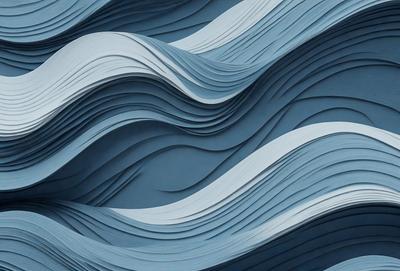 The primary subject of the image is a blue and white wave pattern, which is the main focus of the image. The setting is a blue background, and the visual style is a combination of digital art and illustration. The dominant colors are blue and white, creating a calm and soothing atmosphere.