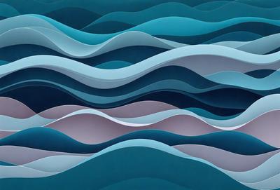 The primary subject of the image is a large, colorful wave. The wave is depicted in a variety of shades, including blue, purple, and pink. The setting is a blue background, which adds to the overall mood of the image. The visual style is a combination of digital art and illustration, creating a dynamic and vibrant scene.