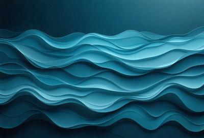 The primary subject of the image is a large, blue, curved wall with a wave-like pattern. The setting is a dark room, and the visual style appears to be a combination of digital art and illustration. The dominant colors are blue and white, creating a calm and serene atmosphere.