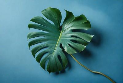 The primary subject of the image is a large green leaf, which is the main focus of the scene. The leaf is placed on a blue surface, which serves as the background. The visual style of the image is a photo, capturing the natural beauty of the leaf. The dominant colors in the image are green and blue, creating a calm and serene atmosphere.