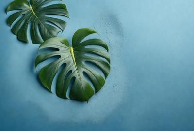 The primary subject of the image is a large green leaf, which is the main object in the scene. The leaf is placed on a blue surface, which serves as the background. The visual style of the image is a photo, capturing the natural beauty of the leaf. The dominant colors in the image are green and blue, creating a calm and serene atmosphere.