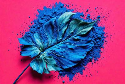 The primary subject of the image is a blue leaf, which is the main object, scene, or focus of the image. The leaf is placed on a pink surface, creating a contrast between the two colors. The visual style of the image is a photo, capturing the leaf's natural texture and details. The dominant colors in the image are blue and pink, creating a calming and serene atmosphere.