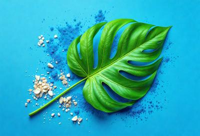 The primary subject of the image is a large green leaf, which is the main object in the scene. The leaf is placed on a blue surface, which serves as the background. The visual style of the image is a photo, capturing the natural beauty of the leaf. The colors in the image are predominantly green, with the blue surface adding a contrasting hue. The overall atmosphere of the image is serene and peaceful, as the leaf is the focal point of the scene.
