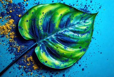 The primary subject of the image is a leaf with a blue and yellow color scheme. The leaf is placed on a blue surface, which serves as the background. The visual style of the image is a combination of photo and digital art, creating a unique and vibrant appearance. The dominant colors in the image are blue and yellow, giving it a lively and energetic mood.
