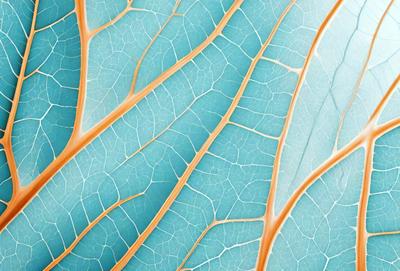 The primary subject of the image is a close-up of a leaf with a blue background. The leaf is large and has a distinctive orange and blue color scheme. The visual style of the image is a photo, capturing the intricate details of the leaf. The colors and mood of the image are vibrant and lively, with the blue and orange hues creating a striking contrast against each other.
