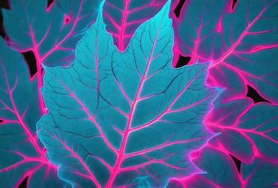 The primary subject of the image is a large, brightly colored leaf with a pink hue. The leaf is prominently displayed in the foreground, covering a significant portion of the image. The setting appears to be a dark background, which contrasts with the vibrant colors of the leaf. The visual style of the image is a combination of a photo and digital art, creating a unique and eye-catching representation of the leaf. The colors and mood of the image are predominantly pink and lively,