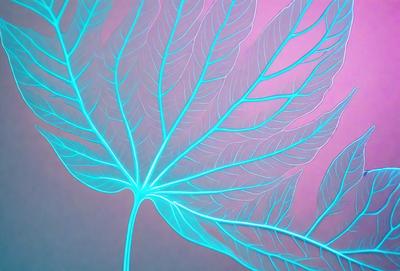 The primary subject of the image is a large, leaf-like shape with a blue hue. The setting is a dark background, which contrasts with the bright blue color of the leaf. The visual style appears to be a combination of a photo and a digital art or illustration, as the leaf has a detailed and intricate appearance. The colors and mood of the image are predominantly blue, creating a calm and serene atmosphere.