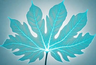 The primary subject of the image is a large blue leaf, which is the main object, scene, or focus of the image. The leaf is prominently displayed against a white background, giving it a striking visual effect. The visual style of the image is a combination of photo and digital art, creating a unique and eye-catching representation of the leaf. The dominant colors in the image are blue and white, giving it a calm and serene atmosphere.