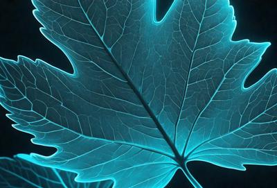 The primary subject of the image is a large, blue leaf with a green stem. The leaf is prominently displayed in the foreground, and its vibrant blue color stands out against the dark background. The visual style of the image is a close-up of the leaf, emphasizing its intricate details and textures. The colors and mood of the image are predominantly blue and green, creating a serene and calming atmosphere.
