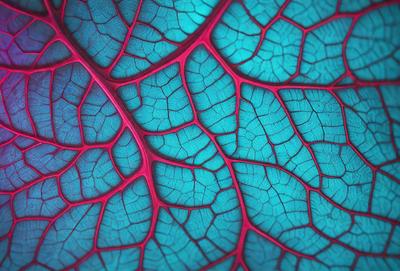 The primary subject of the image is a close-up of a leaf with a blue and red color scheme. The leaf is displayed on a blue background, giving it a vibrant and eye-catching appearance. The visual style of the image is a combination of a photo and digital art, as it captures the intricate details of the leaf while also showcasing its unique color palette. The colors and mood of the image are lively and energetic, with the blue and red hues creating a sense of fresh