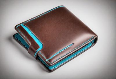 The primary subject of the image is a brown wallet with a blue stripe. The wallet is placed on a white surface, which serves as the background. The visual style of the image is a close-up of the wallet, showcasing its details. The dominant colors in the image are brown and blue, creating a sense of contrast and visual interest.