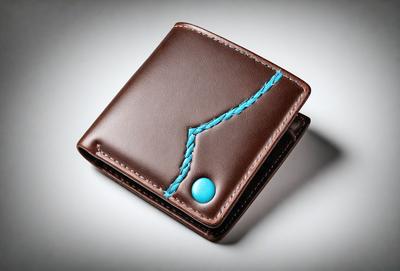 The primary subject of the image is a brown leather wallet with a blue stripe. The wallet is open and features a blue button on the front. The setting is a white background, which provides a clean and minimalist appearance. The visual style is a close-up of the wallet, showcasing its details and texture. The colors and mood of the image are predominantly brown and blue, giving the wallet a classic and timeless look.