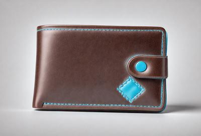 The primary subject of the image is a brown leather wallet with a blue button. The wallet is placed on a white surface, which serves as the background. The visual style of the image is a close-up of the wallet, showcasing its details. The colors and mood of the image are predominantly brown and white, giving it a classic and timeless appearance.