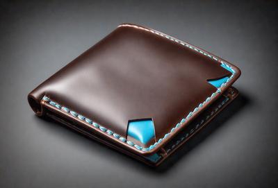 The primary subject of the image is a brown leather wallet with a blue accent. The wallet is open and features a brown and blue color scheme. The setting is a gray background, which provides a clean and neutral backdrop for the wallet. The visual style is a close-up of the wallet, showcasing its details and texture. The colors and mood of the image are warm and earthy, with the brown leather and blue accent creating a sense of durability and reliability.