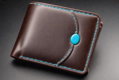 The primary subject of the image is a brown leather wallet with a blue circle on it. The wallet is placed on a gray surface, which serves as the background. The visual style of the image is a close-up of the wallet, showcasing its details. The colors and mood of the image are predominantly brown and gray, giving it a classic and timeless appearance.
