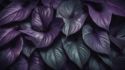 The primary subject of the image is a large group of purple leaves, which are the main objects in the scene. The leaves are arranged in a dense pattern, covering the entire image. The setting appears to be a dark background, which contrasts with the vibrant purple leaves. The visual style of the image is a close-up of the leaves, emphasizing their texture and details. The dominant colors in the image are purple and dark, creating a moody and dramatic atmosphere.
