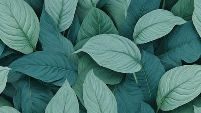 The image features a large group of green leaves, possibly from a plant or a painting. The leaves are arranged in a visually appealing manner, creating a sense of depth and dimension. The primary subject of the image is the green leaves, which are the main focus and the main object in the scene. The setting or background of the image is a blue surface, which adds a contrasting color to the green leaves. The visual style of the image is a painting, as the leaves are depicted in a detailed and artistic manner. The