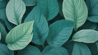 The image features a large group of green leaves, possibly from a plant or a painting. The leaves are arranged in a visually appealing manner, creating a sense of depth and dimension. The primary subject of the image is the green leaves, which are the main focus of the scene. The setting or background of the image is a dark green color, which contrasts with the bright green leaves. The visual style of the image is a combination of realism and artistic expression, as it appears to be a painting or a digital artwork.