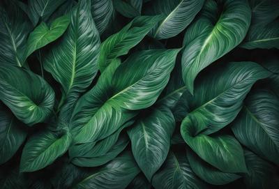 The primary subject of the image is a large green leafy plant with a lot of leaves. The plant is surrounded by a lush green background, which adds to the overall atmosphere of the image. The visual style of the image is a close-up of the plant, showcasing its intricate details. The colors in the image are predominantly green, which creates a calm and serene mood.