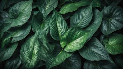 The image features a large green plant with many leaves, creating a lush and vibrant scene. The plant is the primary subject, and it is set against a backdrop of a forest. The visual style of the image is a close-up of the plant, showcasing its intricate details. The dominant colors in the image are green, which is the color of the plant, and the forest in the background adds a sense of depth and natural beauty to the scene.