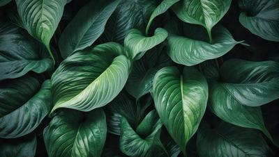 The image features a large green plant with many leaves, creating a lush and vibrant scene. The plant is the primary subject, and it is set against a backdrop of a leafy green background. The visual style of the image is a close-up of the plant, showcasing its intricate details. The dominant colors in the image are green, which creates a serene and natural atmosphere.