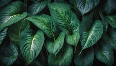 The image features a large green plant with long, curved leaves. The plant is surrounded by a lush green background, creating a vibrant and natural atmosphere. The visual style of the image is a close-up of the plant, showcasing its intricate details. The dominant colors in the image are green, which is prevalent in the plant's leaves and the background, and the overall mood is serene and calming.
