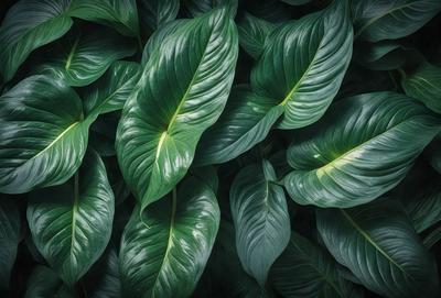 The image features a large group of green leaves, possibly from a plant or a tree. The leaves are arranged in a dense and overlapping manner, creating a visually striking scene. The primary subject of the image is the abundance of green leaves, which are the main focus of the image. The setting is outdoors, with the leaves growing in a natural environment. The visual style of the image is a close-up of the leaves, showcasing their intricate details and textures. The colors and mood of the