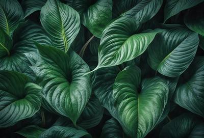 The primary subject of the image is a large group of green leaves, which are the main objects in the scene. The leaves are arranged in a dense, leafy pattern, creating a lush and vibrant visual style. The setting is a green background, which further emphasizes the natural and fresh appearance of the leaves. The overall atmosphere is one of abundance and growth, as the leaves seem to be thriving and spreading out in their environment.