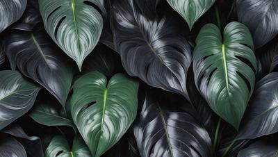 The image features a large group of green and black leaves, creating a dense and lush forest-like scene. The leaves are arranged in various positions, with some overlapping and others standing out individually. The overall atmosphere is vibrant and full of life, as the green and black leaves create a striking contrast against each other. The visual style of the image is a close-up of the leaves, emphasizing their intricate details and textures.