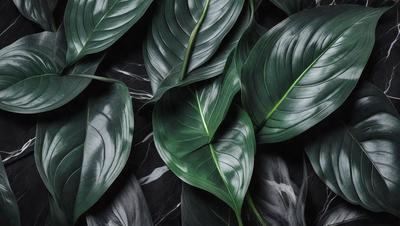 The primary subject of the image is a large group of green leaves, which are the main objects in the scene. The leaves are arranged in a visually appealing manner, creating a sense of depth and dimension. The setting is a black background, which contrasts with the vibrant green leaves, making them stand out even more. The visual style of the image is a close-up of the leaves, showcasing their intricate details and textures. The colors and mood of the image are predominantly green, which gives