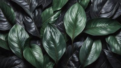 The primary subject of the image is a large green leaf, which is the main focus of the scene. The leaf is prominently displayed in the foreground, covering a significant portion of the image. The setting is a black background, which contrasts with the green leaf, creating a striking visual effect. The visual style of the image is a close-up of the leaf, emphasizing its texture and details. The colors and mood of the image are predominantly green, with the leaf being the main source of color, and the