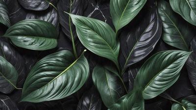 The image features a close-up of a large green leaf, possibly a fern, with a few other leaves in the background. The primary subject is the leaf, which is the main focus of the image. The setting is a black background, which contrasts with the green leaf and adds a dramatic effect to the photo. The visual style is a close-up, which emphasizes the details of the leaf. The colors and mood of the image are predominantly green, which gives a sense of freshness and natural beauty.