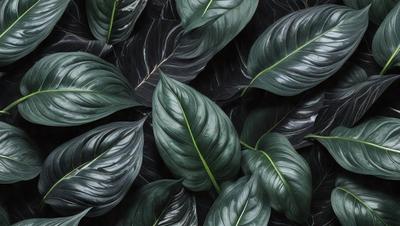 The image features a close-up of a large green leaf, possibly a fern, with a black background. The leaf is the primary subject, and it appears to be a real-life photograph of the plant. The setting is a simple black background, which highlights the leaf and its details. The visual style is a close-up of the leaf, showcasing its texture and intricate patterns. The colors are predominantly green and black, creating a calm and natural atmosphere.