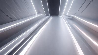 The primary subject of the image is a long, narrow hallway with a white surface. The setting is a white room, and the visual style appears to be a photo. The colors and mood of the image are predominantly white, creating a clean and minimalist atmosphere.