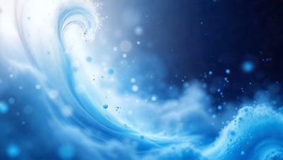 The primary subject of the image is a blue wave with white bubbles. The wave is the main focus of the image, and it is set against a dark blue background. The visual style of the image is a digital art or illustration, creating a vibrant and dynamic scene. The dominant colors in the image are blue and white, giving it a calming and serene atmosphere.