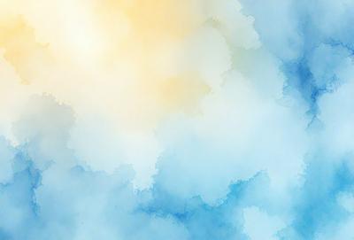 The primary subject of the image is a cloudy blue sky. The setting is a cloudy sky with a yellow sun peeking through, creating a warm and inviting atmosphere. The visual style is a watercolor painting, which adds a sense of depth and texture to the scene. The dominant colors are blue and yellow, with the blue sky and yellow sun creating a serene and calming mood.