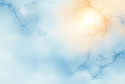 The primary subject of the image is a blue and white cloudy sky. The setting is a cloudy day, and the visual style is a painting or drawing. The colors and mood of the image are predominantly blue and white, creating a serene and peaceful atmosphere.