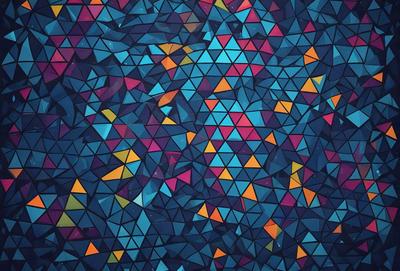The primary subject of the image is a colorful, geometric pattern. The setting is a blue background, and the visual style appears to be a combination of digital art and illustration. The dominant colors are blue, orange, and purple, creating a vibrant and lively atmosphere.