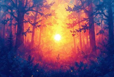 The primary subject of the image is a sunset, with the sun shining through the trees. The setting is a forest, with the sunlight illuminating the trees and creating a warm, inviting atmosphere. The visual style is a digital art or illustration, as the sunset and trees are depicted in a vibrant and detailed manner. The colors and mood of the image are predominantly warm and serene, with the sunset casting a golden glow over the forest.